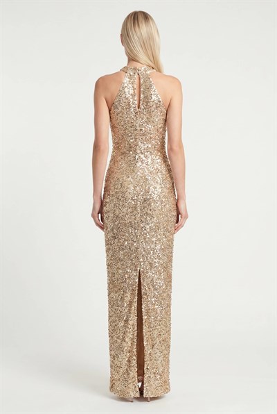 Gold Halter Yaka Payetli Abiye Elbise