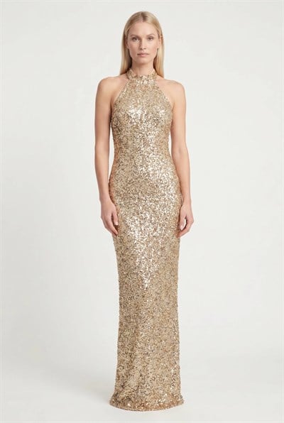 Gold Halter Yaka Payetli Abiye Elbise