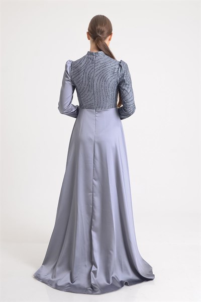 Gri Pelerinli Simli Kalem Abiye Elbise