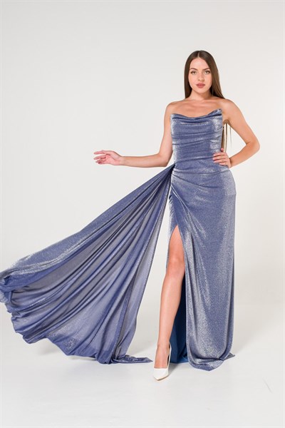 İndigo Straplez Simli Yırtmaçlı Abiye Elbise