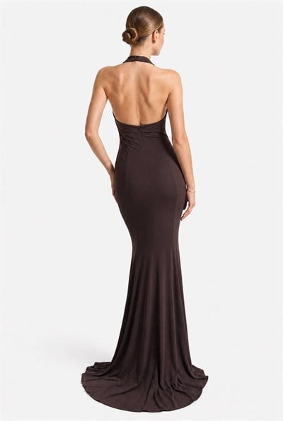 Kahve Çiçekli Halter Abiye