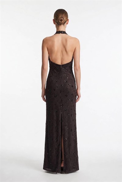 Kahve Halter Yaka Payet İşlemeli Abiye