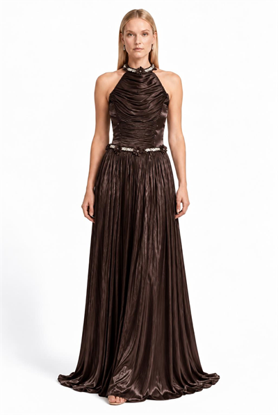 Kahve Halter Yaka Pliseli Abiye Abiye P-0000019522-KAHVEKHV36