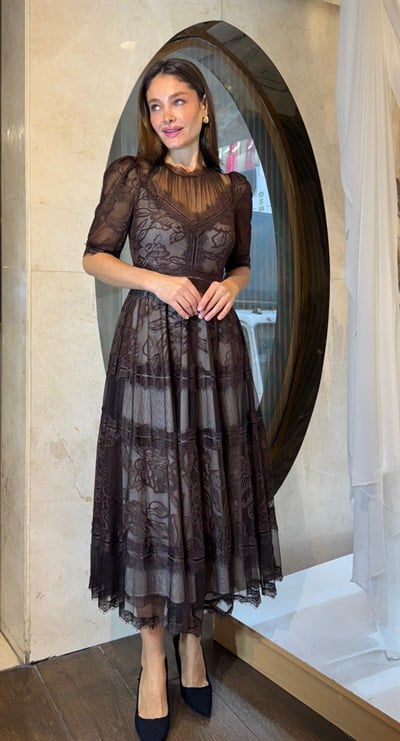 Kahve Kısa Kol Dantel Abiye