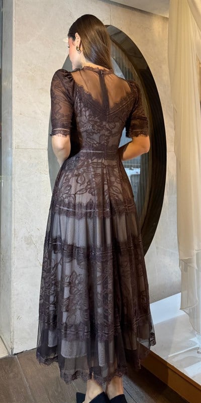 Kahve Kısa Kol Dantel Abiye