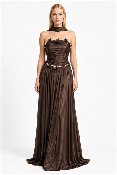 Kahve Yakası Taşlı Straplez Abiye Abiye P-0000019308-KAHVEKHV44