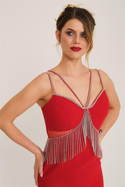Kırmızı Beli Saçaklı Krep Abiye Elbise