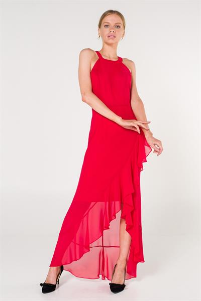 Kırmızı Halter Yaka Şifon Elbise