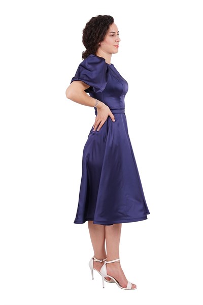 Lacivert Balon Kol Kısa Saten Abiye Elbise