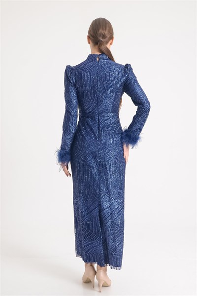 Lacivert Kolları Otrişli Simli Tesettür Abiye Elbise