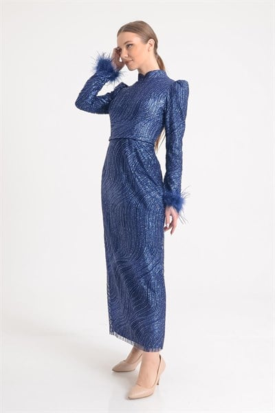 Lacivert Kolları Otrişli Simli Tesettür Abiye Elbise