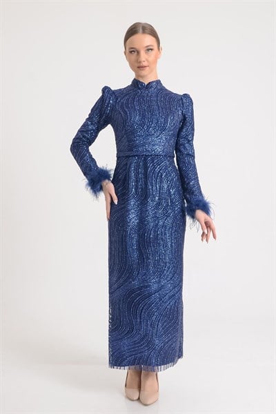 Lacivert Kolları Otrişli Simli Tesettür Abiye Elbise