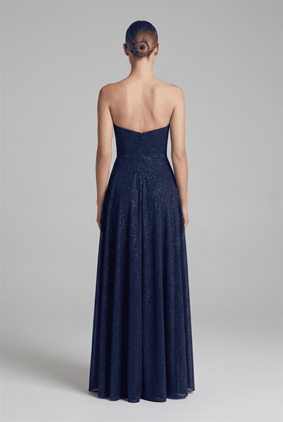 Lacivert Simli Straplez Yırtmaçlı Abiye