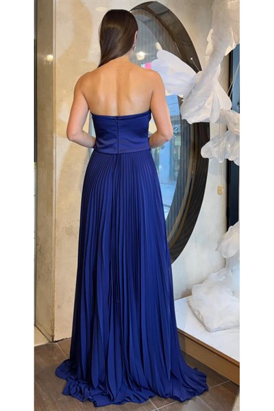 Lacivert Üstü Saten Altı Piliseli Abiye