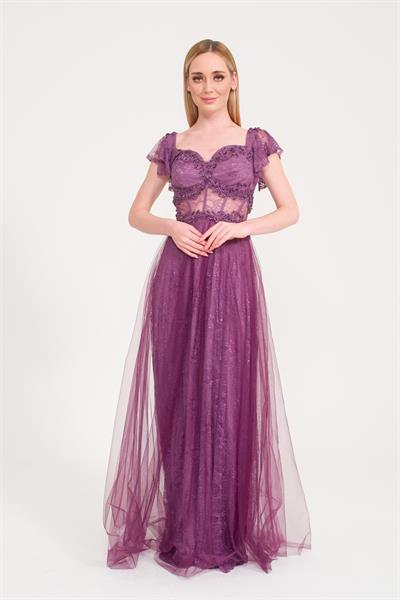 Lavanta Beli Dekolteli Taş Detaylı Abiye Elbise