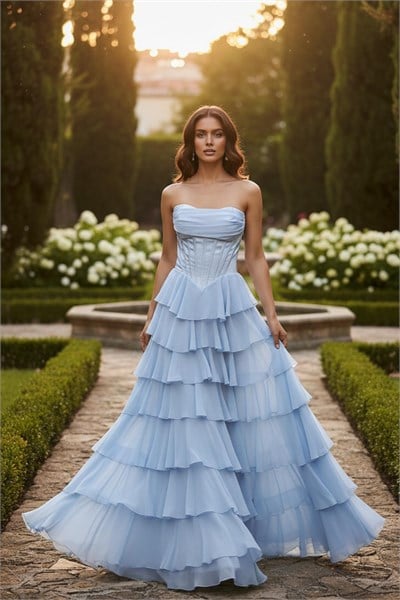 Mavi Eteği Şifon Katlı Abiye Elbise