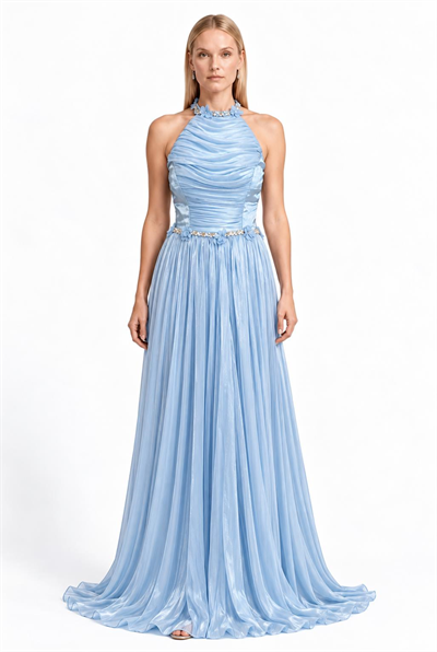 Mavi Halter Yaka Pliseli Abiye Abiye P-0000019522-MAVİMAV40