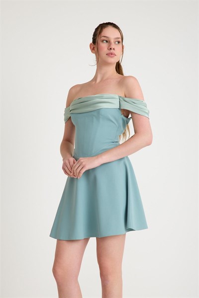 Mint Drapeli Madonna Yaka Kısa Abiye Elbise