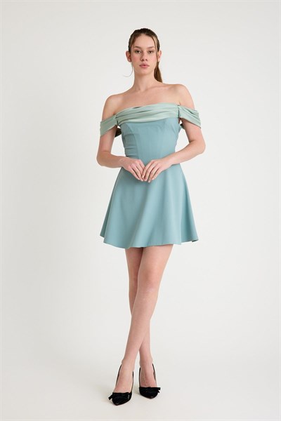 Mint Drapeli Madonna Yaka Kısa Abiye Elbise