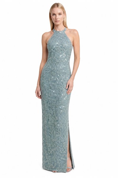 Mint Halter Yaka Dantel Boncuk İşlemeli Abiye