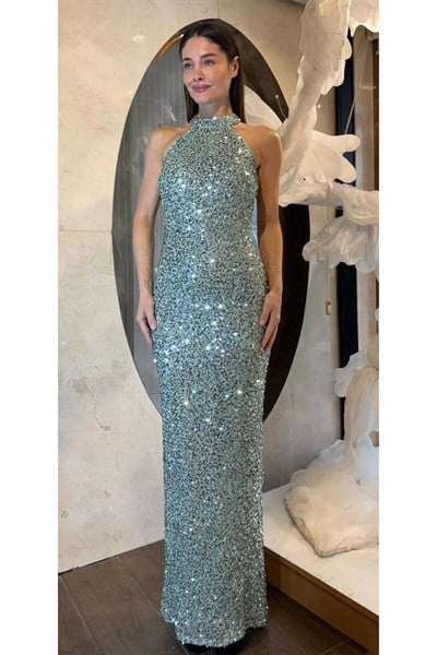 Mint Halter Yaka Payetli Abiye