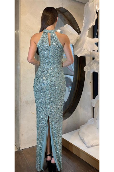 Mint Halter Yaka Payetli Abiye