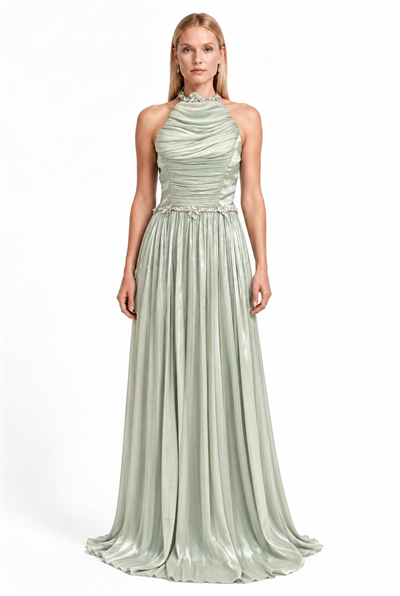 Mint Halter Yaka Pliseli Abiye