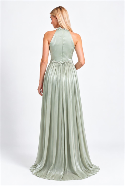 Mint Halter Yaka Pliseli Abiye