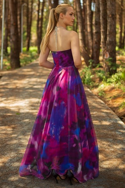 Mor Desenli Boyundan Bağlamalı Abiye Elbise