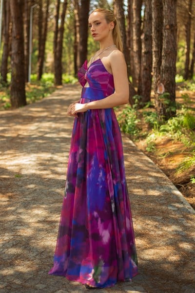 Mor Desenli Boyundan Bağlamalı Abiye Elbise