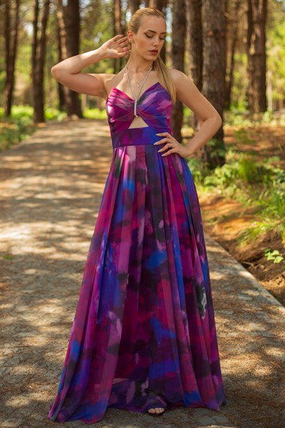 Mor Desenli Boyundan Bağlamalı Abiye Elbise