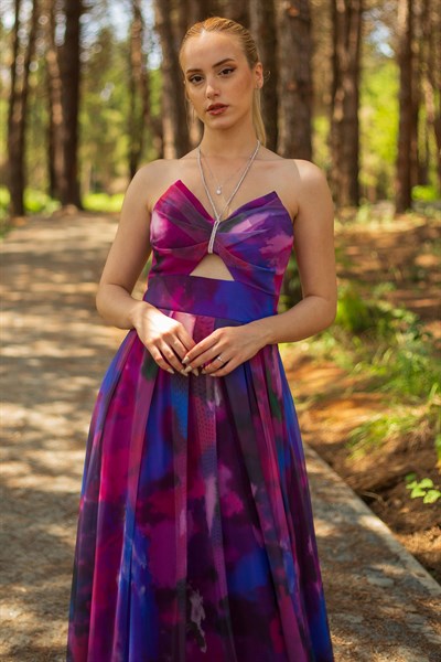 Mor Desenli Boyundan Bağlamalı Abiye Elbise