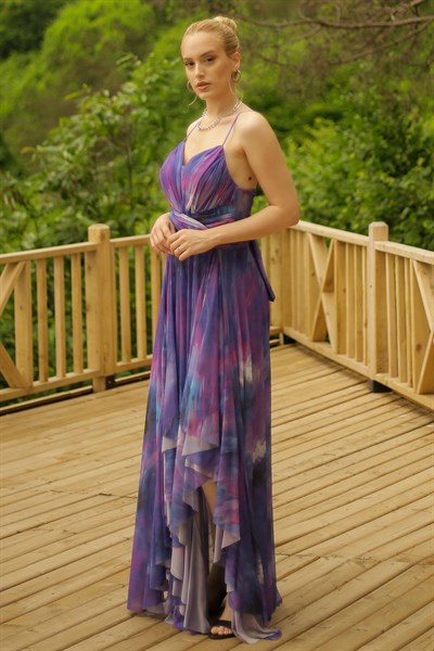 Mor İp Askılı Desenli Abiye Elbise