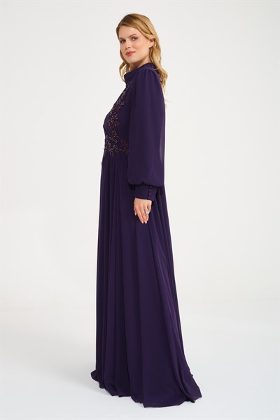 Mor Taş İşlemeli Tesettür Abiye Elbise