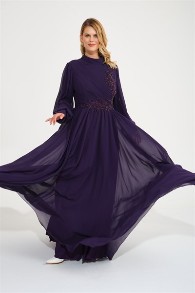 Mor Taş İşlemeli Tesettür Abiye Elbise