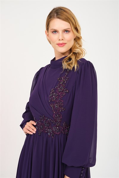 Mor Taş İşlemeli Tesettür Abiye Elbise