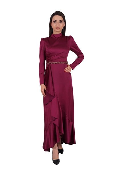 Mürdüm Beli Taş İşlemeli Saten Abiye Elbise