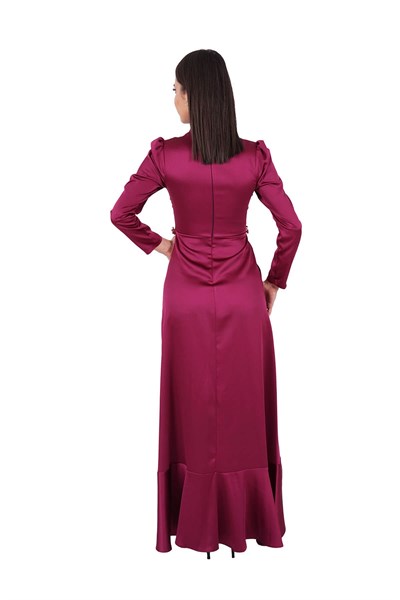 Mürdüm Beli Taş İşlemeli Saten Abiye Elbise