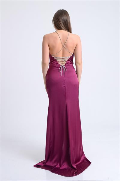 Mürdüm Sırt Dekolteli Abiye Elbise