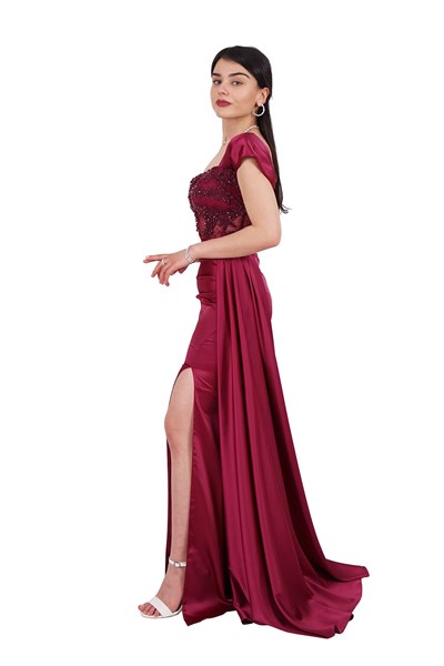 Mürdüm Taş İşlemeli Transparan Saten Abiye Elbise