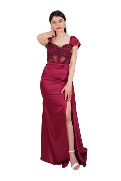 Mürdüm Taş İşlemeli Transparan Saten Abiye Elbise