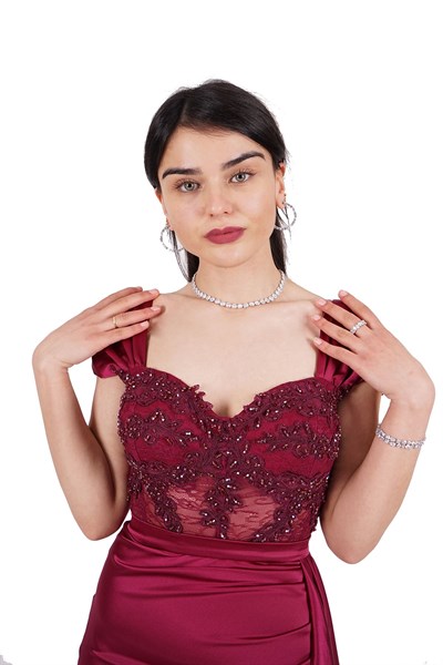 Mürdüm Taş İşlemeli Transparan Saten Abiye Elbise