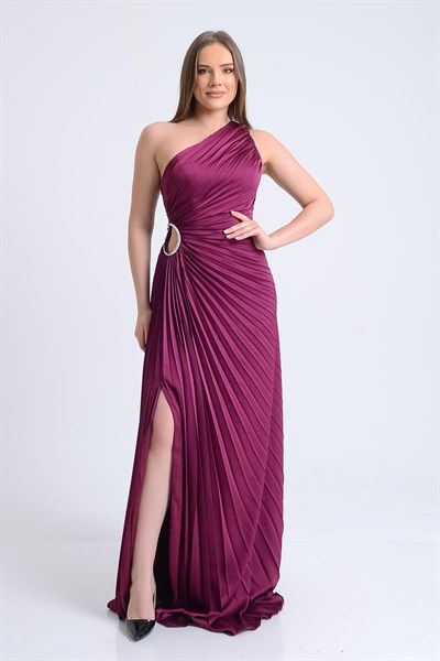 Mürdüm Tek Omuz Piliseli Abiye Elbise