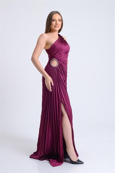 Mürdüm Tek Omuz Piliseli Abiye Elbise