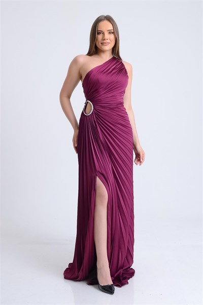 Mürdüm Tek Omuz Piliseli Abiye Elbise