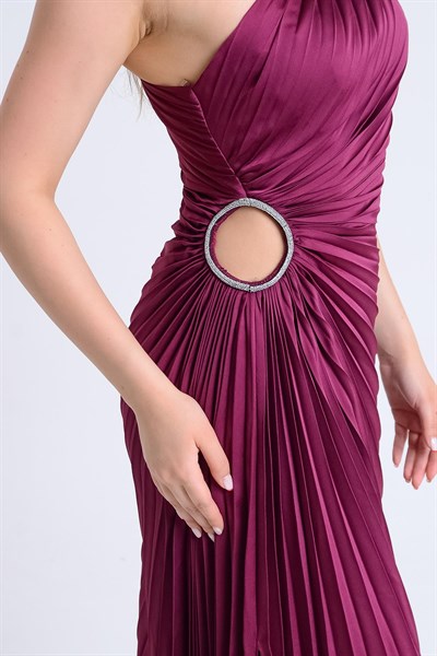 Mürdüm Tek Omuz Piliseli Abiye Elbise