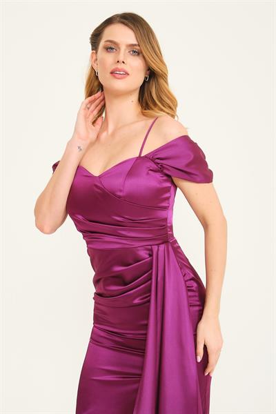 Mürdüm Yandan Drapeli Kısa Abiye Elbise