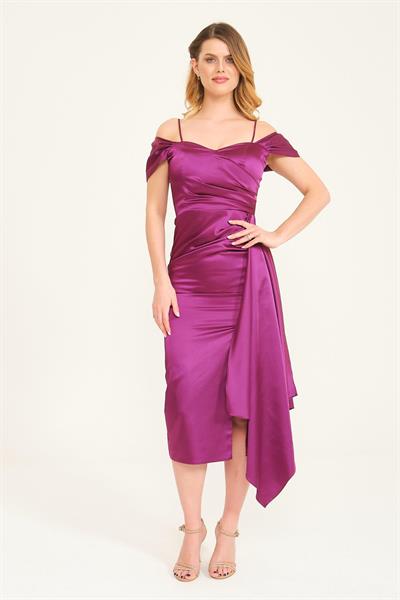 Mürdüm Yandan Drapeli Kısa Abiye Elbise