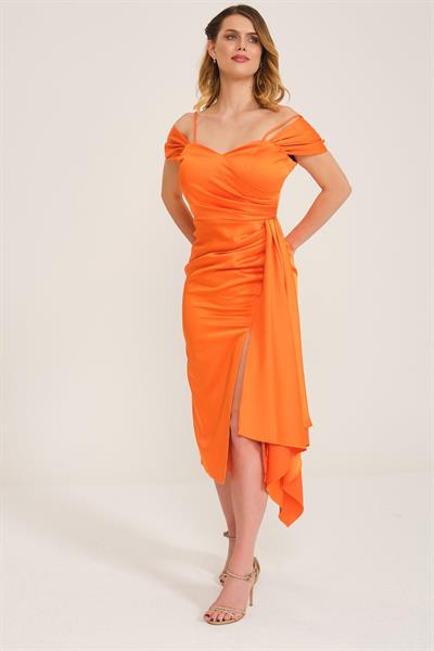 Oranj Yandan Drapeli Kısa Abiye Elbise