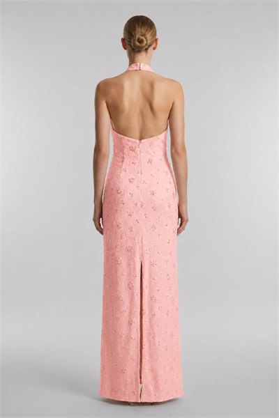 Pembe Halter Yaka Payet İşlemeli Abiye